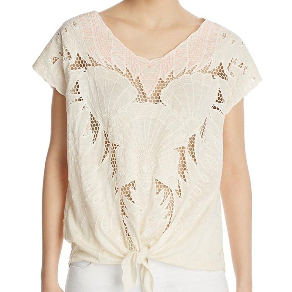 Free People  Beige Tie-Front Eyelet V-Neck Blouse